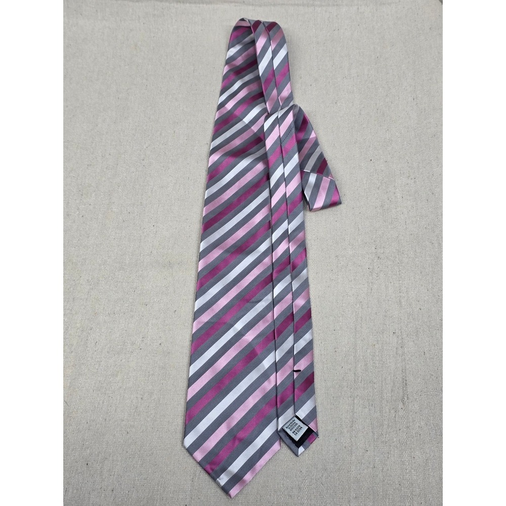 Geoffrey Beene Mens Silk Necktie Pink Grey White Magenta Striped Hand Made Tie